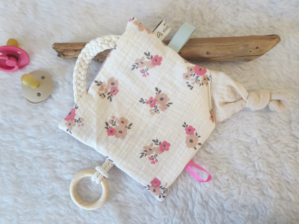 Knistertuch Blumen beige - Waffeljersey rosa