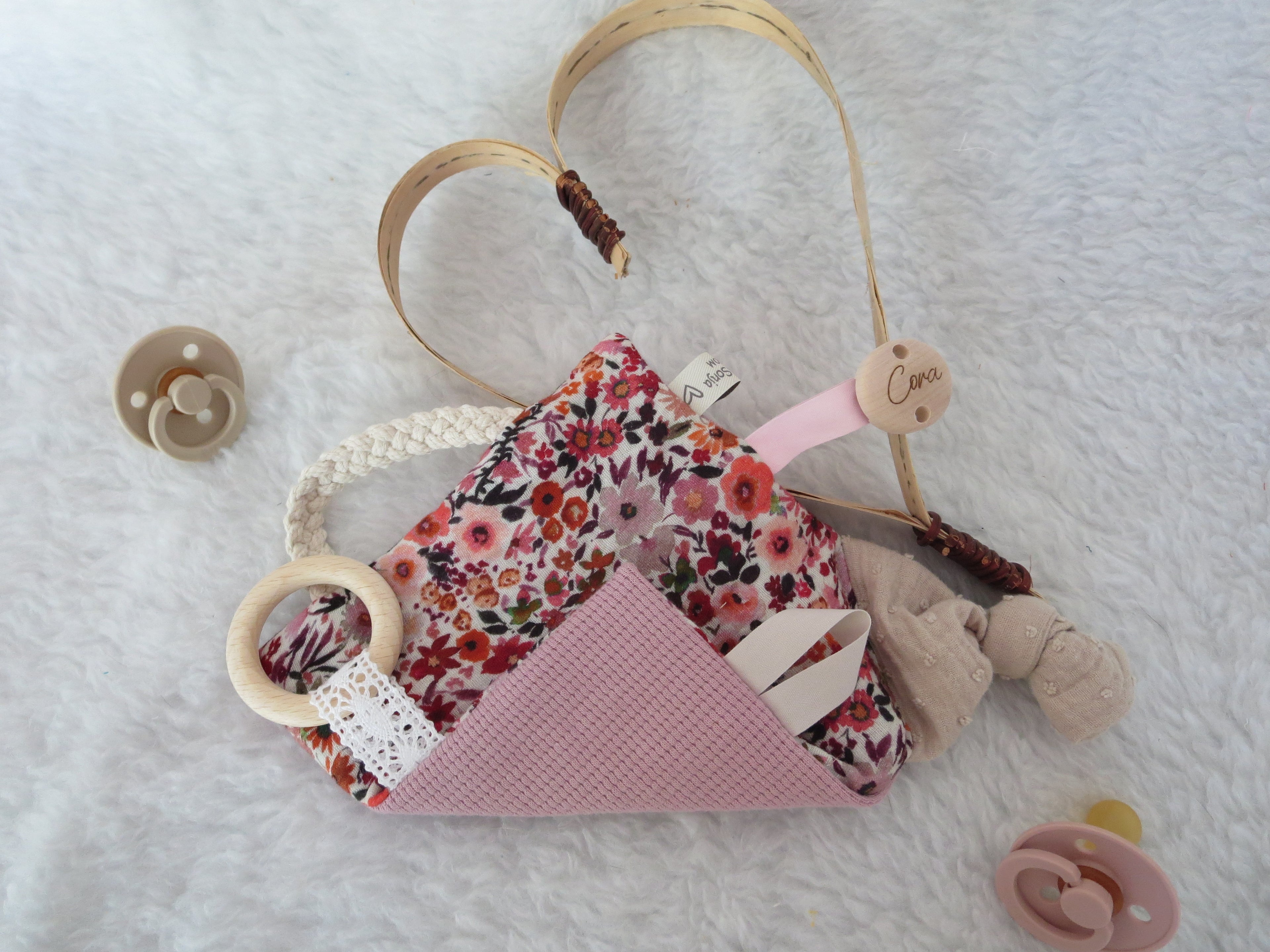 Knistertuch Mille Fleure - Waffeljersey rosa, Musselin beige