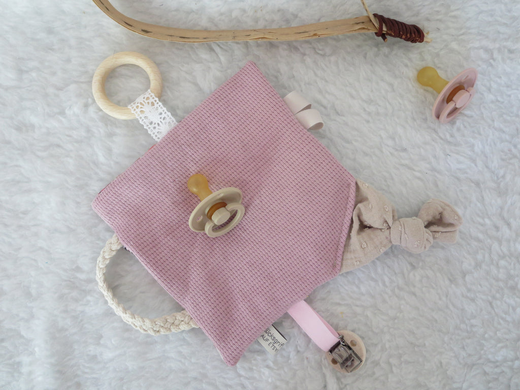 Knistertuch Mille Fleure - Waffeljersey rosa, Musselin beige