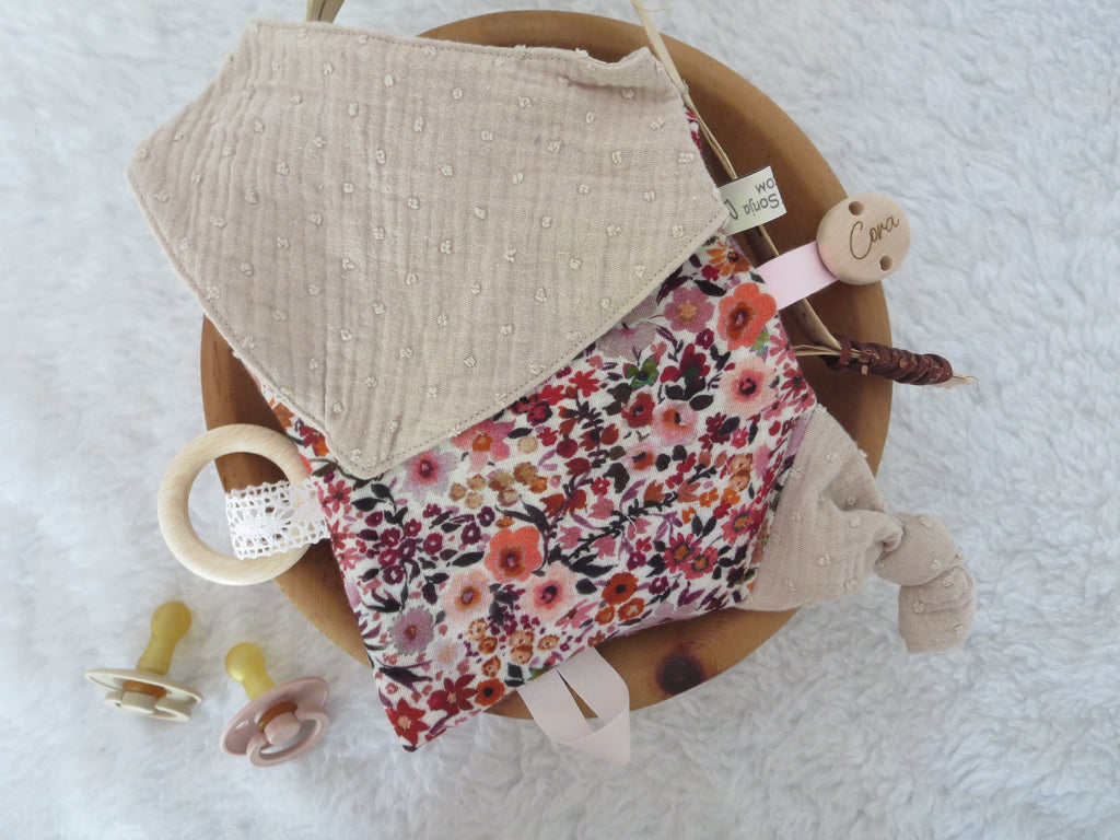 Knistertuch Mille Fleure - Waffeljersey rosa, Musselin beige