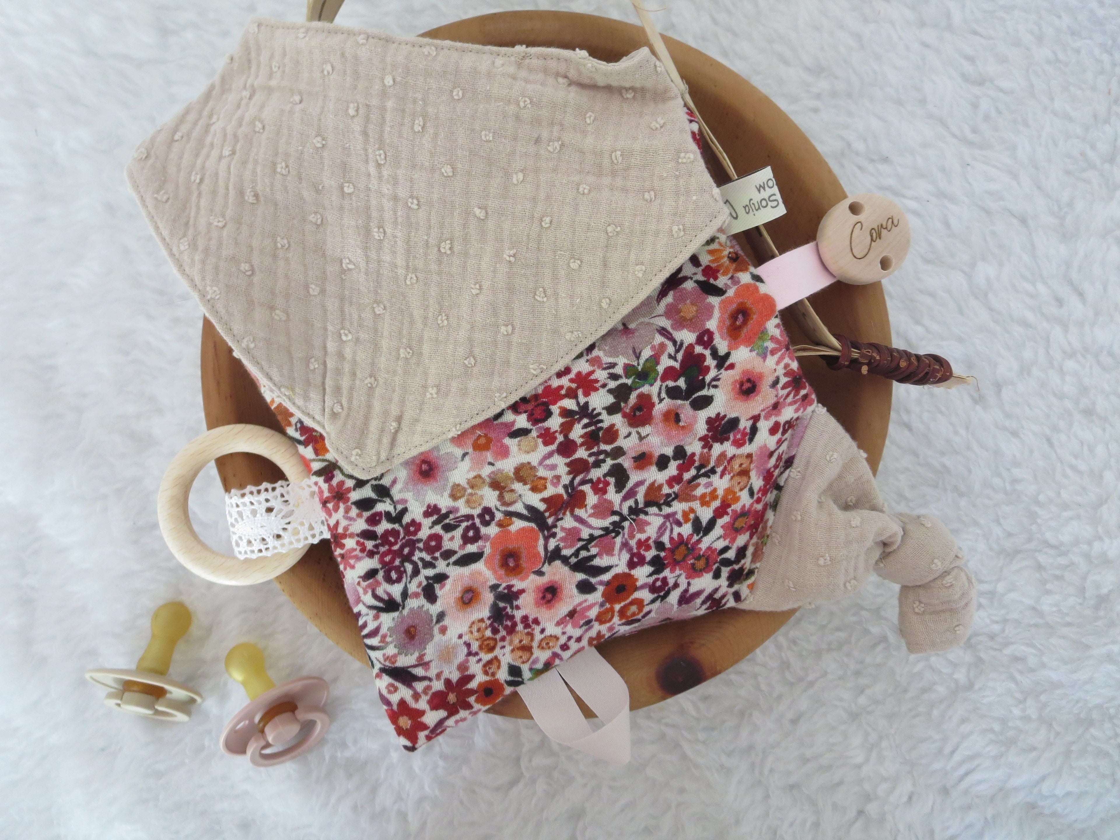 Knistertuch Mille Fleure - Waffeljersey rosa, Musselin beige